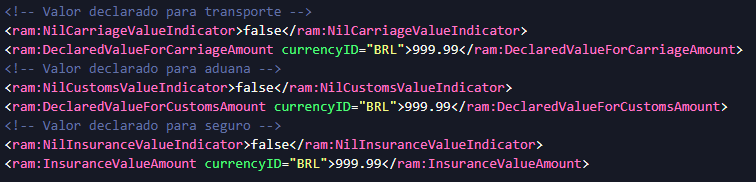 Imagem 15 - Exemplo de preenchimento de _Valores declarados da carga_ Cargo-XML.png